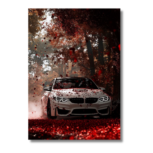 White Car With Red Leafs Wall Poster