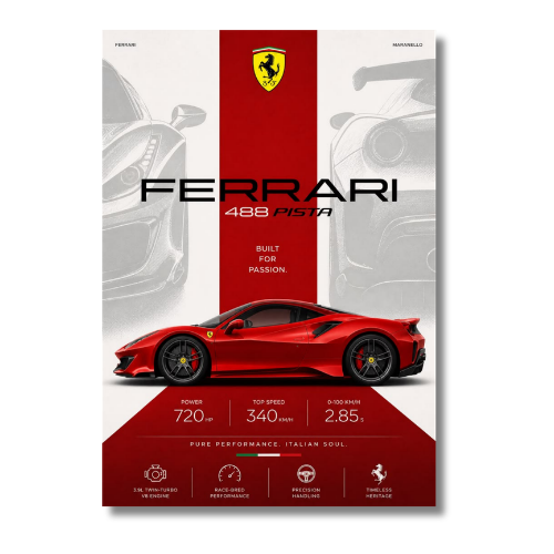 Ferrari 488 Pista Red Car Wall Poster