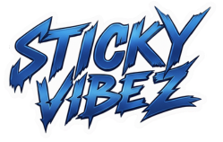 Sticky Vibez logo with blue text on a white background