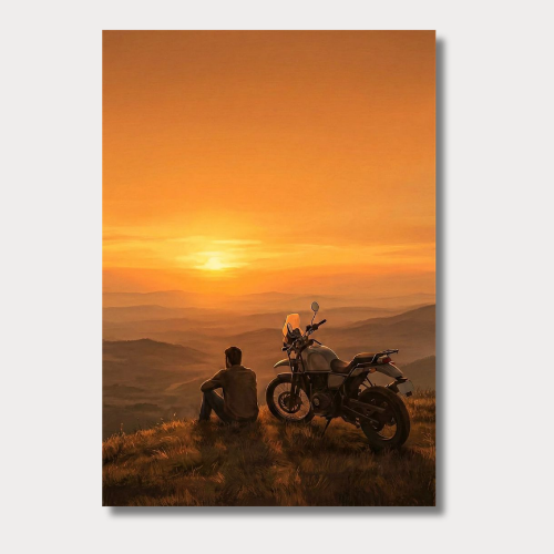 Men And Bike Sunset Wall Poster