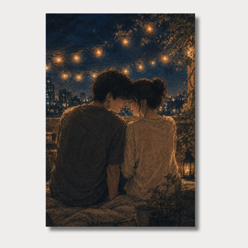 Rooftop String Lights Romantic Couple Wall Poster